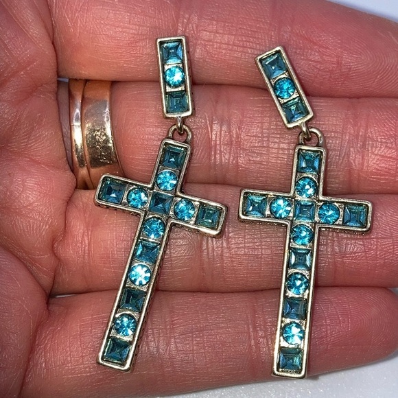 Heidi Daus Blue Swarovski Crystal Large Cross Statement Earrings Approx 2” - Picture 4 of 7